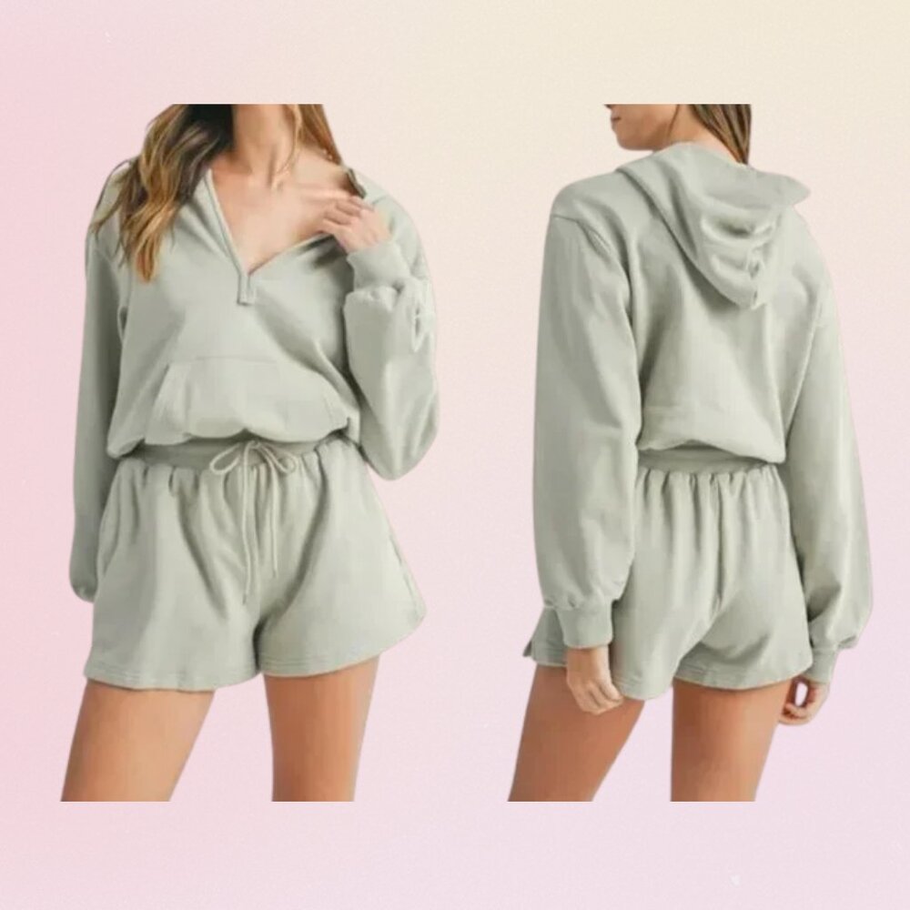 MABLE Long Sleeve V-Neck Hooded Romper – Sage Green (L)